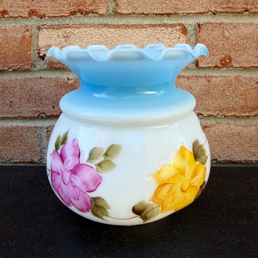 Vintage Milk Glass Hurricane Lamp Shade Blue Ruffled Top Hand Painted Floral 3"